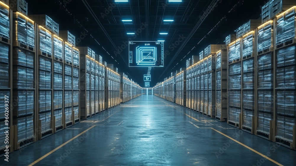 High-tech distribution center, rows of pallets stretching endlessly, augmented reality HUD displaying inventory details, cybernetic machinery, ultra-modern, dark moody lighting High-tech distribution center, rows of pallets stretching endlessly, augmented reality HUD displaying inventory details, cybernetic machinery, ultra-modern, dark moody lighting