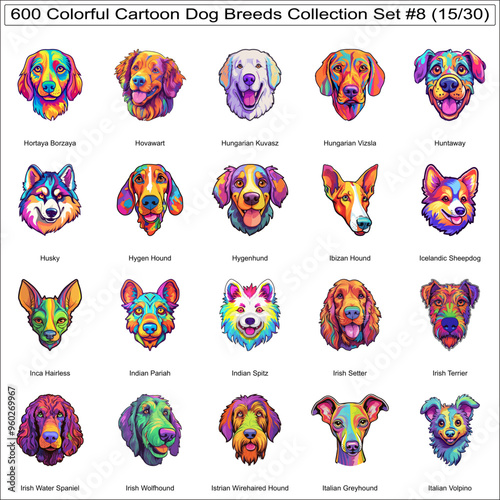 Colorful Dog Breeds Cartoon Characters Sticker Bundle Collection Set 8 of 600 Dog Faces Isolated Part 15 photo