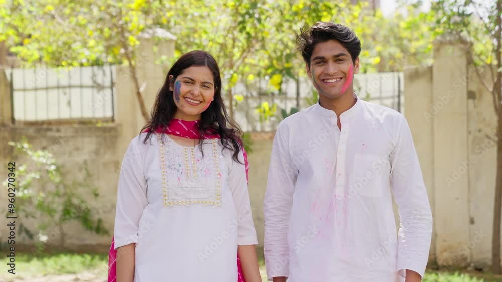Indian Couple Blowing Holi Colors in Camera Indian Couple Blowing Holi Colors in Camera