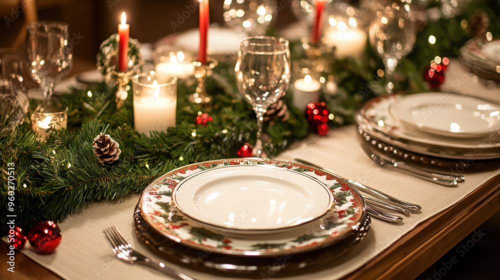 Festively decorated table set for Christmas dinner with candles, greenery, and holiday plates Festively decorated table set for Christmas dinner with candles, greenery, and holiday plates