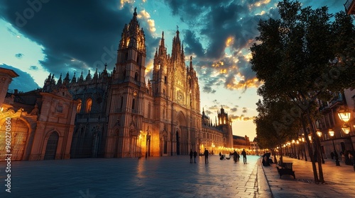 Majestic Gothic Cathedral Under Dramatic Sunset Sky in Historic European City