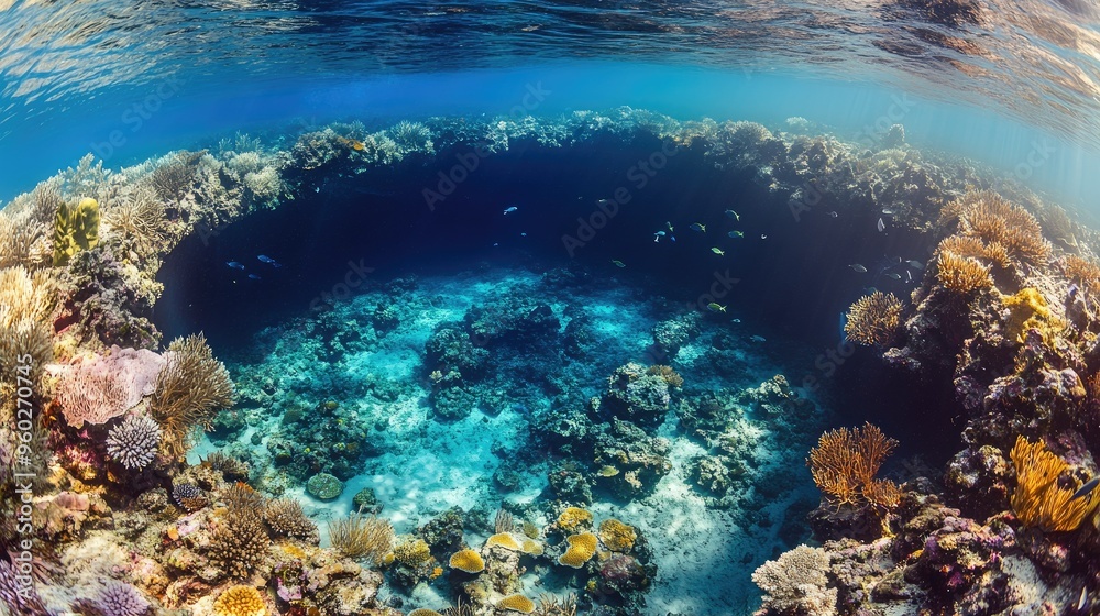 The Great Blue Hole's coral rim with clear blue water and diverse marine life swimming around. - The Great Blue Hole's coral rim with clear blue water and diverse marine life swimming around. -