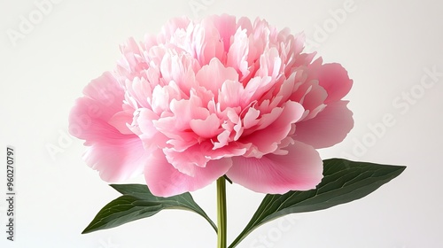 A single pink peony in full bloom, centered on a clean white background, soft focus on outer petals, photorealistic, vibrant colors, emphasizing feminine elegance.