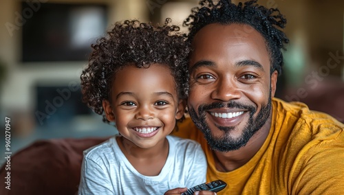 A Black father and son sitting on the couch, laughing while watching TV together