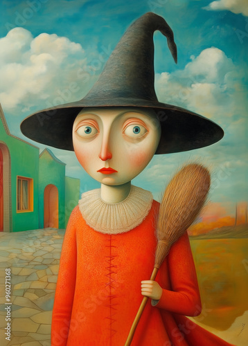 Illustration of a witch holding broom in hand 