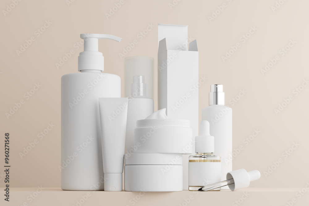 group of mockup cosmetic bottles on beige podium, 3d render group of mockup cosmetic bottles on beige podium, 3d render