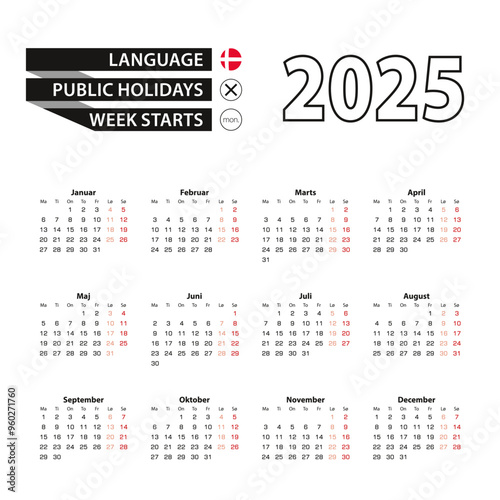 Calendar 2025 in Danish language, week starts on Monday.