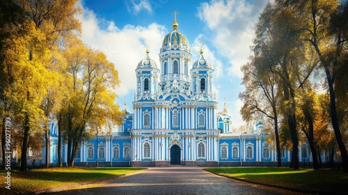 The historic Smolny Cathedral in St. Petersburg, with its blue and white Baroque design. photo