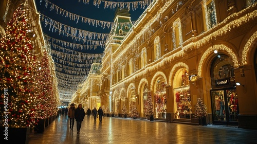 The iconic GUM department store in Moscow, beautifully lit and decorated for the holidays. photo