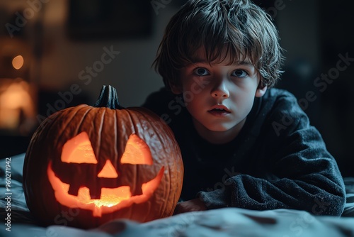 A boy is sitting on the bed, his head turned to look at an orange pumpkin with carved eyes and mouth that glows red in front of him.  photo