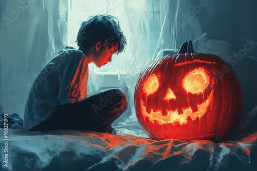 A boy is sitting on the bed, his head turned to look at an orange pumpkin with carved eyes and mouth that glows red in front of him.  photo