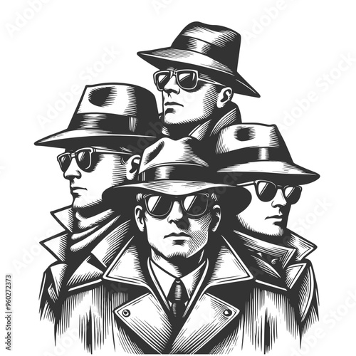 group of spies wearing trench coats, fedoras, sunglasses, vintage noir style and secretive atmosphere sketch engraving generative ai vector illustration. Scratch board imitation. Black and white image