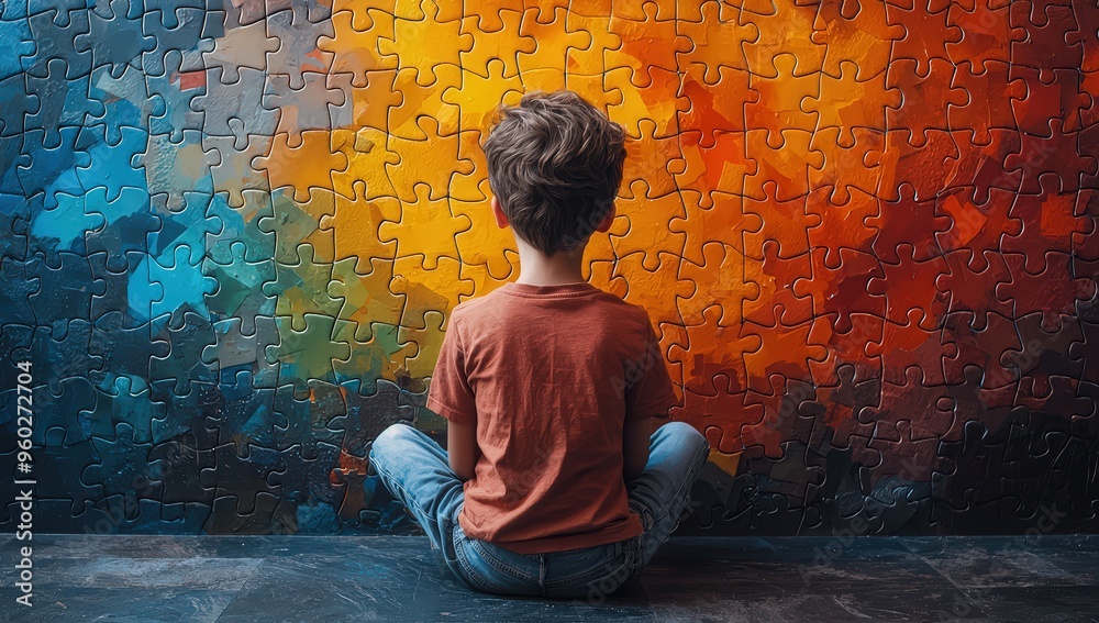 Φωτογραφία A boy sits on the floor, his back to us, gazing at the colorful puzzle pieces that form an abstract wall behind him
