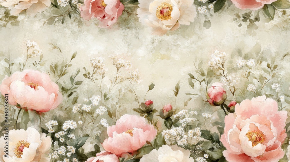 Elegant floral wallpaper with small peonies and Queen Anne's lace, seamless watercolor Elegant floral wallpaper with small peonies and Queen Anne's lace, seamless watercolor