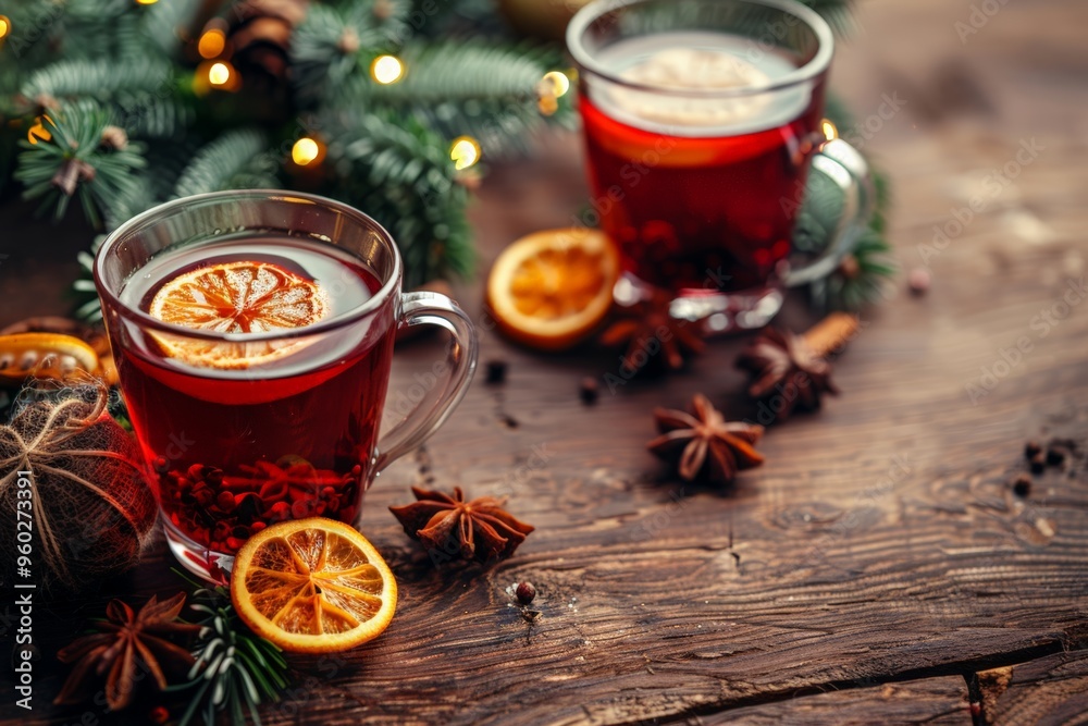 Two glass mugs of mulled wine with orange slices and star anise on a rustic wooden table, evoking a cozy holiday feel. Two glass mugs of mulled wine with orange slices and star anise on a rustic wooden table, evoking a cozy holiday feel.