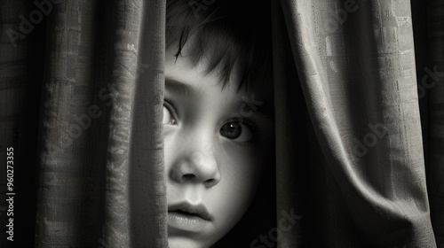 Monochrome a young child is peeking out from behind a curtain