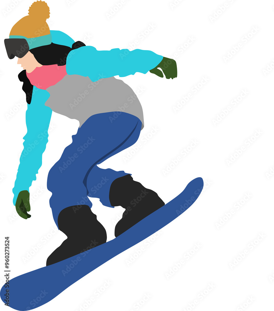 Fototapeta premium 冬の雪山でスノボーする女性のイラスト
