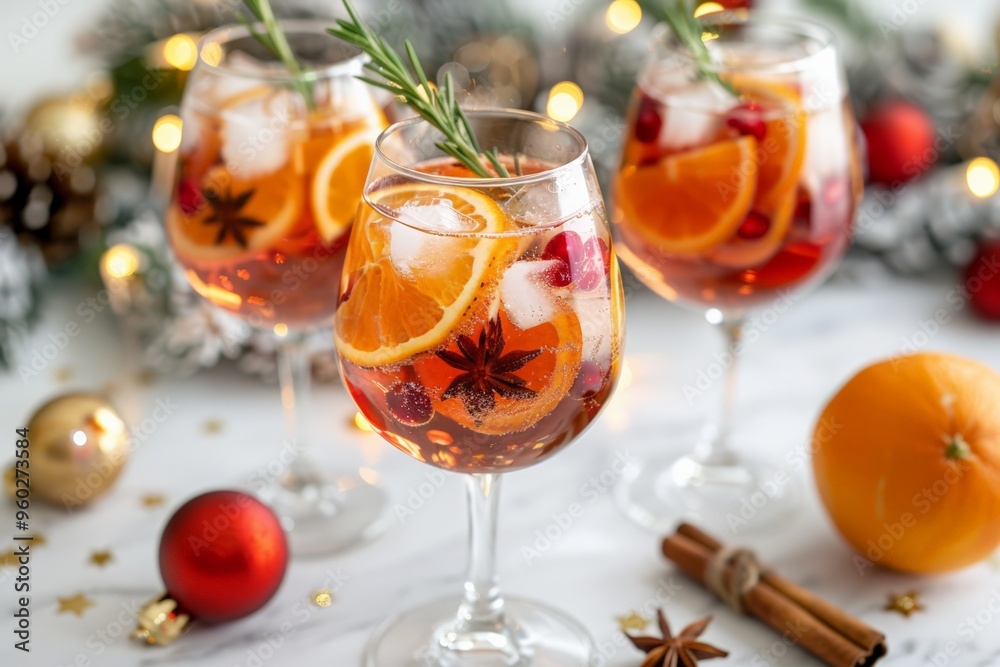Two glasses filled with a colorful holiday punch, garnished with fresh fruit and pine sprigs, surrounded by Christmas decorations. Two glasses filled with a colorful holiday punch, garnished with fresh fruit and pine sprigs, surrounded by Christmas decorations.