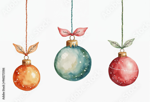Illustration of Watercolor, Christmas Ball, Christmas Ornament on White Background With Space for Text