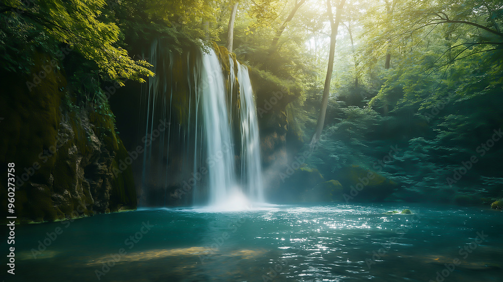 a pristine waterfall in dense forest, long exposure effect a pristine waterfall in dense forest, long exposure effect
