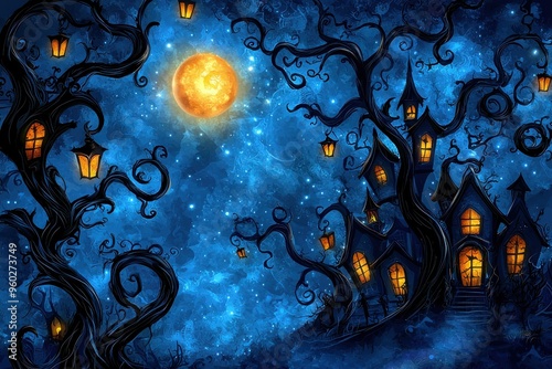 Whimsical Halloween night scene with haunted houses, twisted trees, and glowing jack o' lanterns