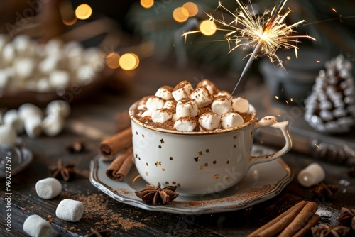 Wallpaper Mural A cozy cup of hot chocolate topped with marshmallows and a sparkler, evoking a festive winter atmosphere. Torontodigital.ca
