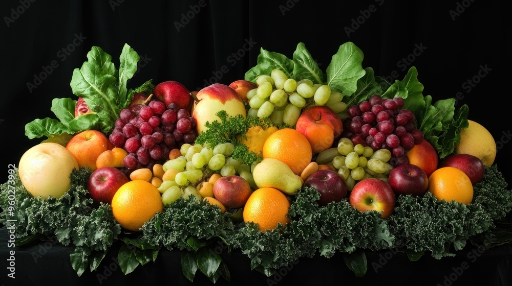 A Colorful Arrangement of Fresh Fruits and Green Leafy Vegetables