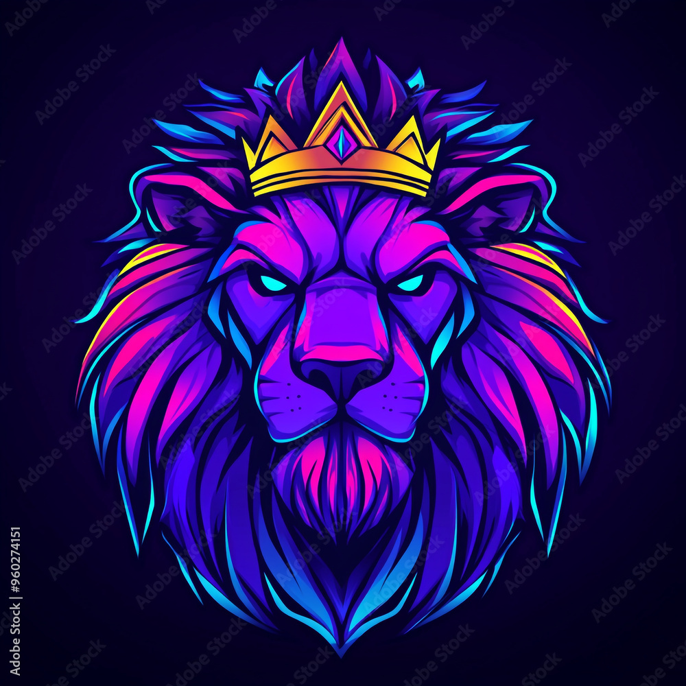Obraz premium A logo illustration of an evil purple lion's head with a crown on a dark background.