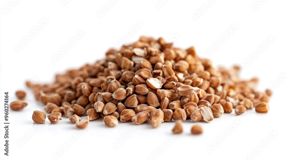 Close-up of a pile of whole grain seeds on a white background, highlighting their natural color and texture Close-up of a pile of whole grain seeds on a white background, highlighting their natural color and texture