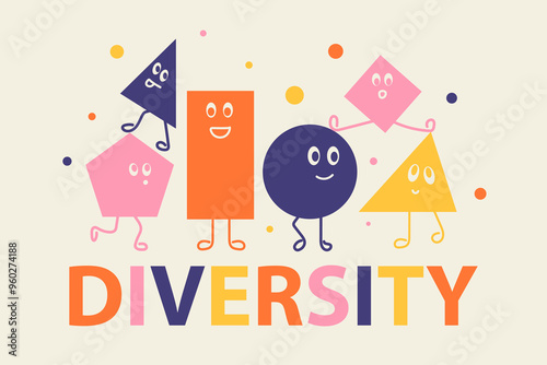 Diversity minimalistic concept, color geometric shapes with different emotions and poses, cute simple characters 