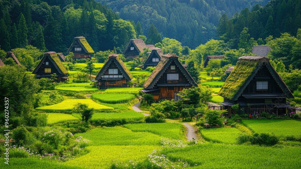 The lush landscape of Shirakawa-go in summer, with vibrant green fields and the gassho-zukuri houses. The lush landscape of Shirakawa-go in summer, with vibrant green fields and the gassho-zukuri houses.
