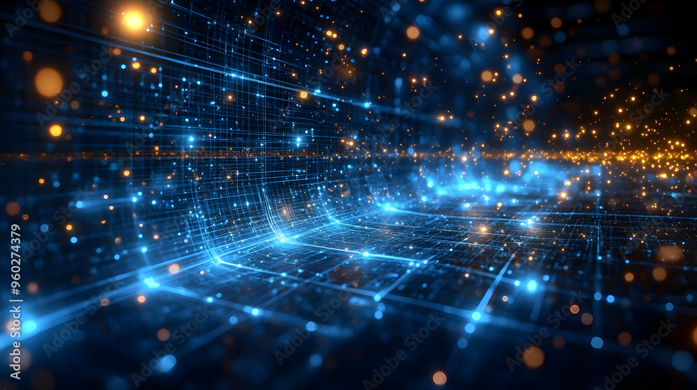 Abstract digital landscape with glowing particles and grid lines. Abstract digital landscape with glowing particles and grid lines.