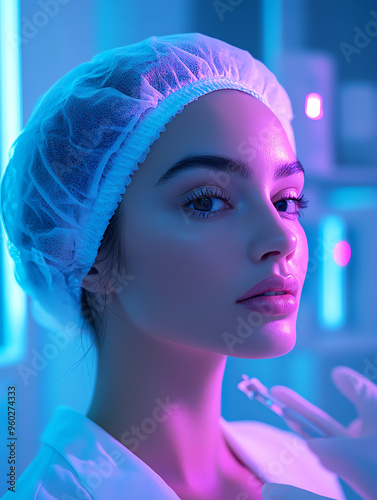 Beautiful woman benefits from technology at a beauty clinic, blending innovative treatments. Generative ai.
