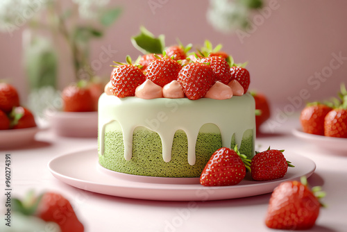 Matcha green tea tiramisu is adorned with strawberries, merging minimalism with a delightful culinary twist. Generative ai.