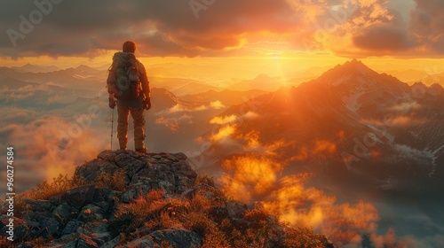a tourist on top of a mountain during sunset photo