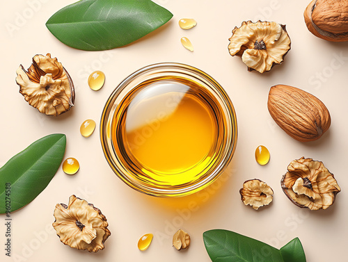 Walnut oil flat design top view in an organic product theme, 3D render. Genrative ai.