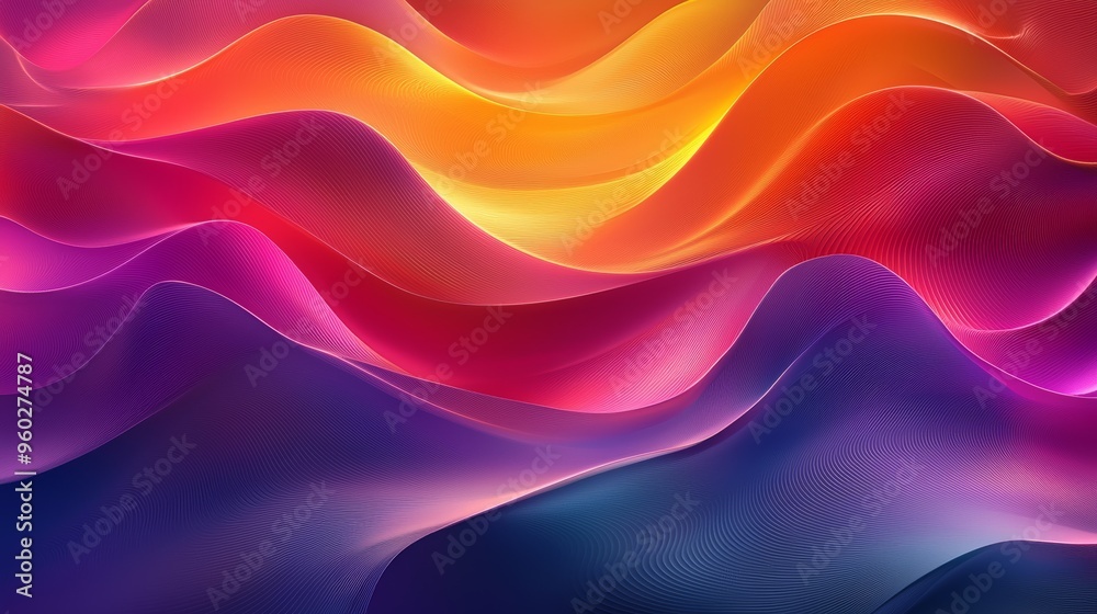 Obraz premium Abstract waves of vibrant colors flow gently, blending purples, oranges, and blues in a dynamic arrangement of soft curves and gradients