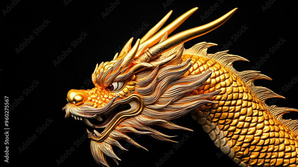 Golden dragon head isolated on black background for chinese new year illustration Golden dragon head isolated on black background for chinese new year illustration