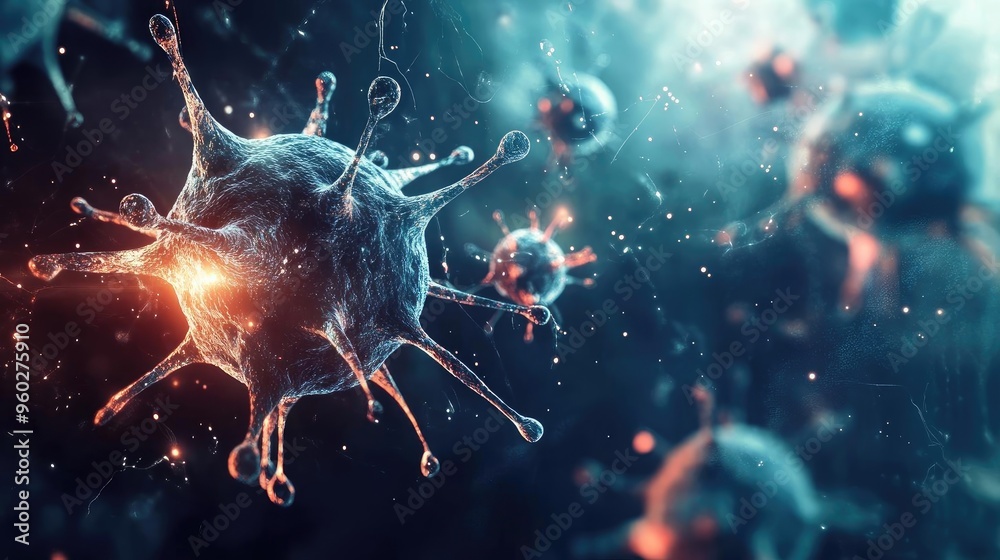 A detailed depiction of a virus under a microscope, illustrating intricate structures and vibrant colors in a scientific context. A detailed depiction of a virus under a microscope, illustrating intricate structures and vibrant colors in a scientific context.
