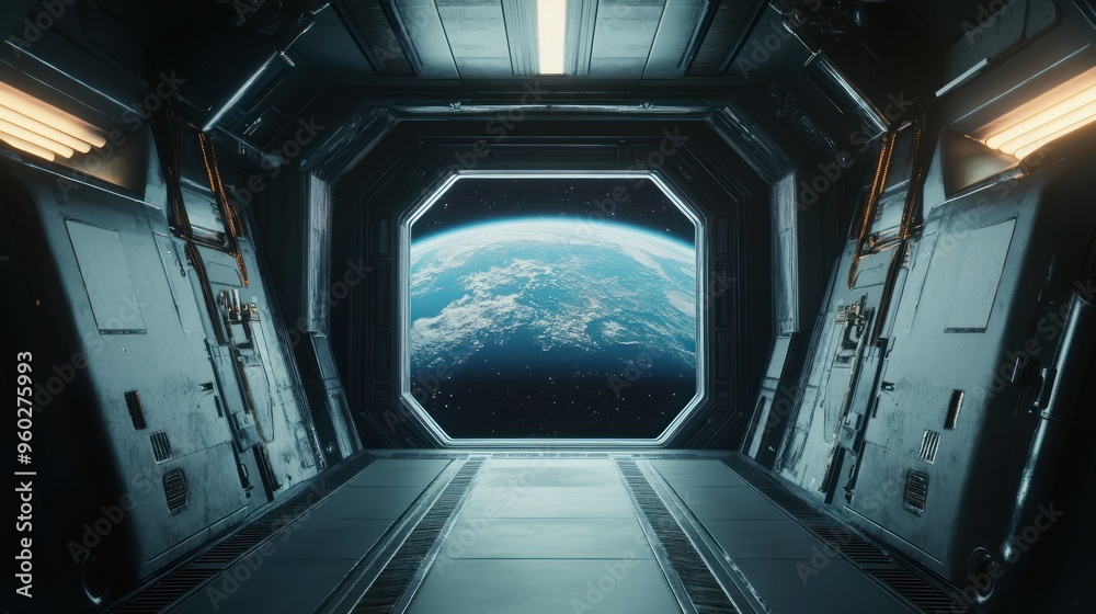 Spaceship Corridor with Earth View from Window Spaceship Corridor with Earth View from Window