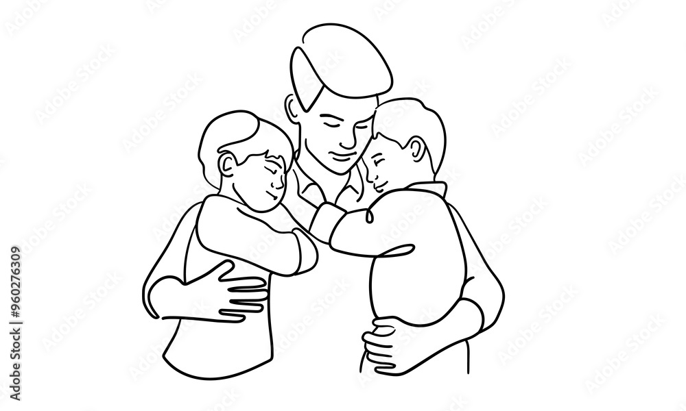 Father and two son continuous line art drawing isolated on white background. Fathers day. Vector illustration Father and two son continuous line art drawing isolated on white background. Fathers day. Vector illustration