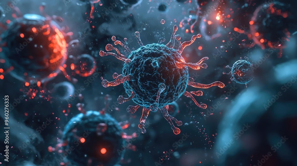 Detailed close-up of a virus molecule, showcasing its structure and colors in a vibrant, abstract background. Detailed close-up of a virus molecule, showcasing its structure and colors in a vibrant, abstract background.