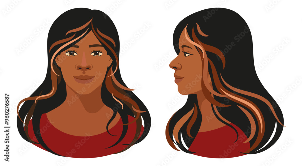 Flat Vector Illustration Set of a Beautiful African American Woman - Front View and Profile
Flat Vector Illustration Set of a Beautiful African American Woman - Front View and Profile