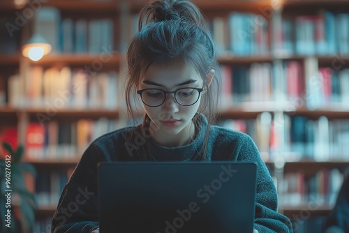 Asian college students work on their laptop engaged in academic tasks or research in a university environment