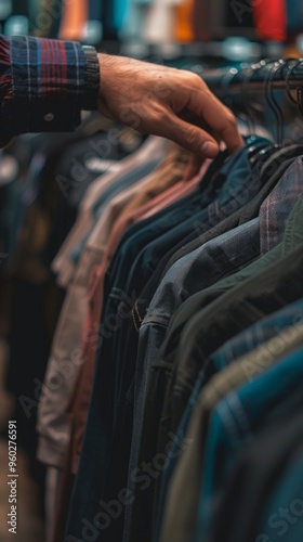 A person picking a shirt from a rack of red, blue, and green shirts. Shirts hung horizontally, grabbing the rightmost hanger.