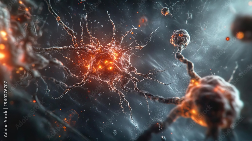 Close-up view of neurons exhibiting electric signals, showcasing the intricate network of connections in the brain. Close-up view of neurons exhibiting electric signals, showcasing the intricate network of connections in the brain.