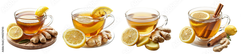 Herbal tea with ginger and lemon slices in clear glass cups cozy drink photography transparent background Herbal tea with ginger and lemon slices in clear glass cups cozy drink photography transparent background
