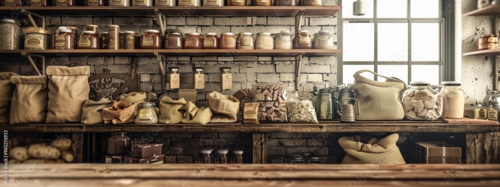 Rustic shelves with jars and sacks in a vintage-style grocery store Rustic shelves with jars and sacks in a vintage-style grocery store