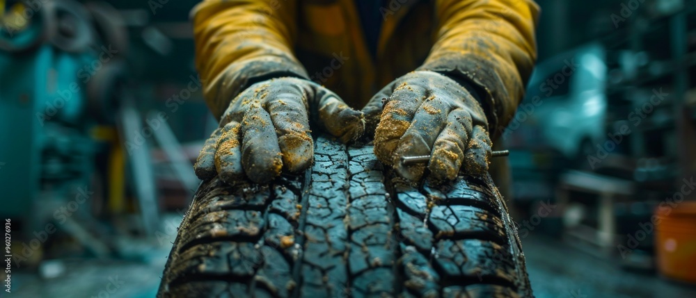 Person in yellow work attire, gloves holding black tire in industrial setting amidst factory equipment and screws. Person in yellow work attire, gloves holding black tire in industrial setting amidst factory equipment and screws.