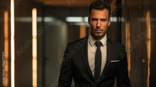 A serious man in a black suit, black tie, intense stare, urban setting at night, modern building background with yellow lights.